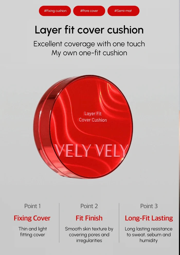 Red Layer Fit Cover Cushion with VELY VELY branding on a gray background
