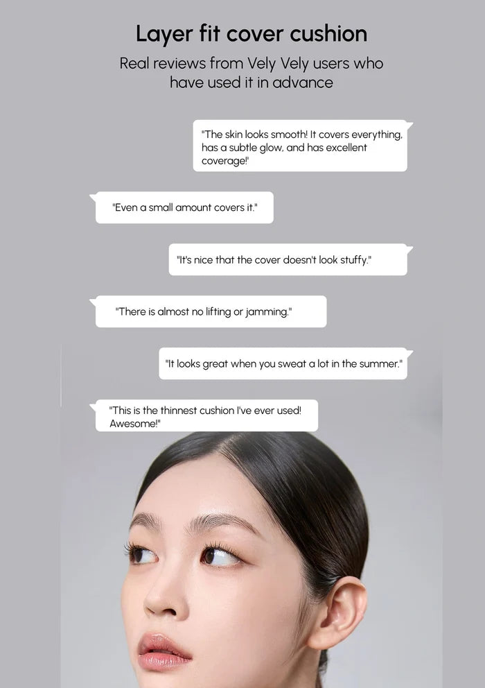 Woman wearing a Vely Vely cushion with text reviews on a gray background