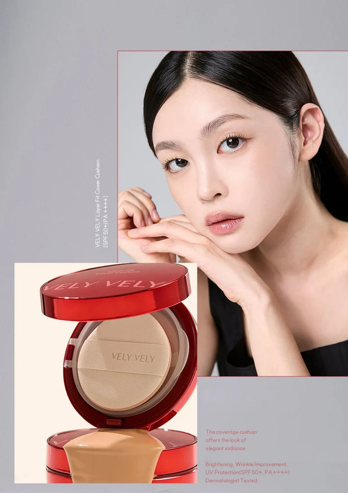 Woman with a compact powder case featuring the brand 'VELVETEEN' on a gray background.