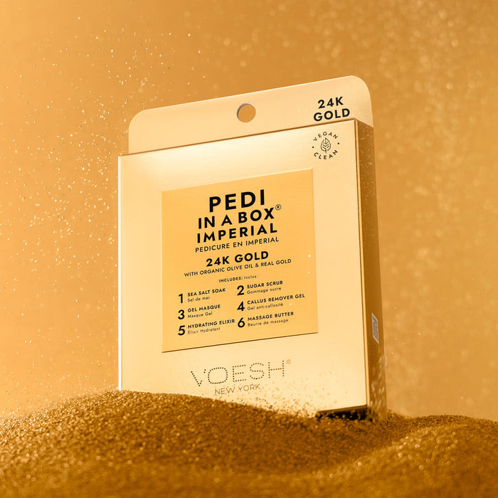 VOESH Pedi in a Box Imperial 24K Gold packaging on a gold background