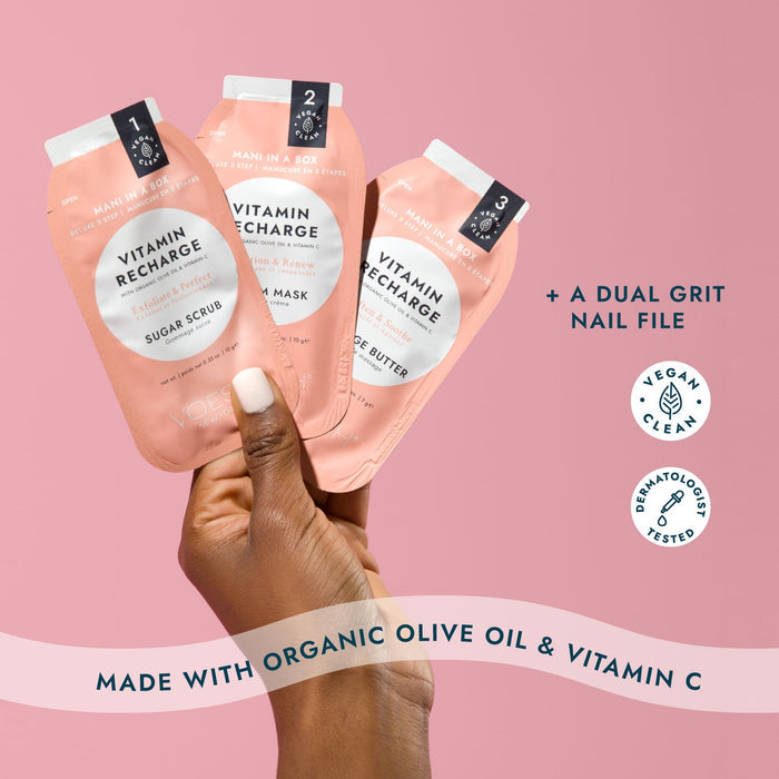 Three skincare products held by a hand on a pink background with text about ingredients and benefits.